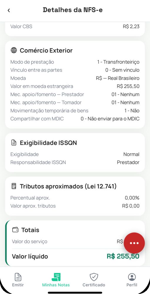 Detalhe de uma NFS-e emitida no Notta, com opções de baixar PDF e compartilhar