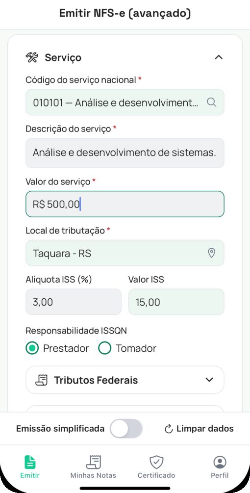 Tela de emissão de NFS-e no app Notta, com valor do serviço e cálculo automático de impostos